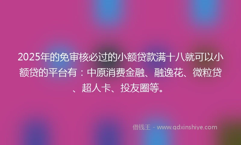 2025年的免审核必过的小额贷款满十八就可以小额贷的平台有：中原消费金融、融逸花、微粒贷、超人卡、投友圈等。