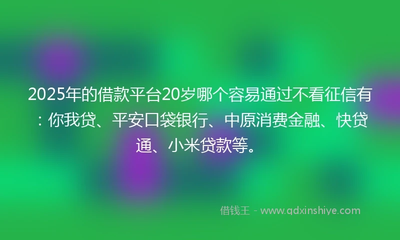 2025年的借款平台20岁哪个容易通过不看征信有:你我贷、平安口袋银行、中原消费金融、快贷通、小米贷款等。