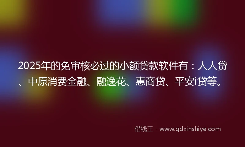 2025年的免审核必过的小额贷款软件有：人人贷、中原消费金融、融逸花、惠商贷、平安i贷等。