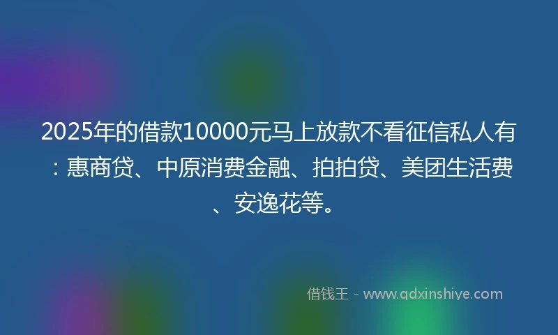 2025年的借款10000元马上放款不看征信私人有：惠商贷、中原消费金融、拍拍贷、美团生活费、安逸花等。