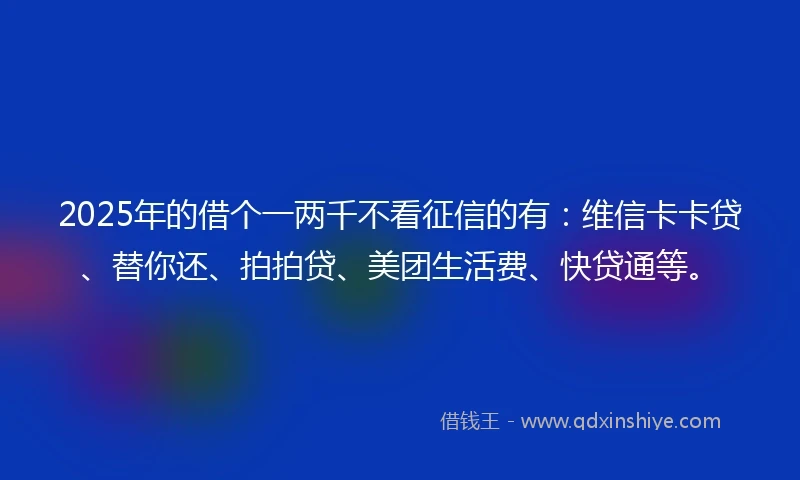 2025年的借个一两千不看征信的有：维信卡卡贷、替你还、拍拍贷、美团生活费、快贷通等。