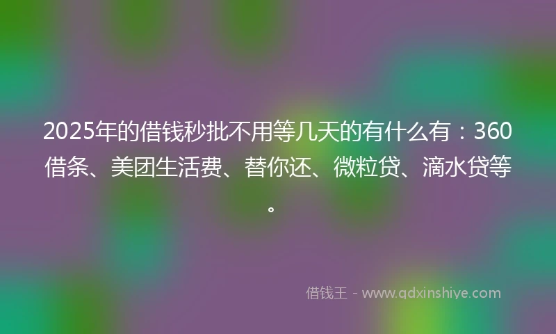 2025年的借钱秒批不用等几天的有什么有：360借条、美团生活费、替你还、微粒贷、滴水贷等。