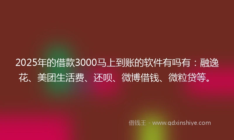 2025年的借款3000马上到账的软件有吗有：融逸花、美团生活费、还呗、微博借钱、微粒贷等。