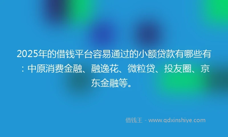 2025年的借钱平台容易通过的小额贷款有哪些有：中原消费金融、融逸花、微粒贷、投友圈、京东金融等。