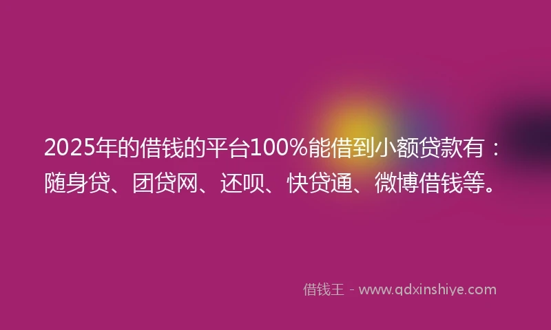 2025年的借钱的平台100%能借到小额贷款有：随身贷、团贷网、还呗、快贷通、微博借钱等。