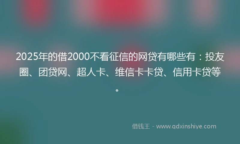 2025年的借2000不看征信的网贷有哪些有：投友圈、团贷网、超人卡、维信卡卡贷、信用卡贷等。