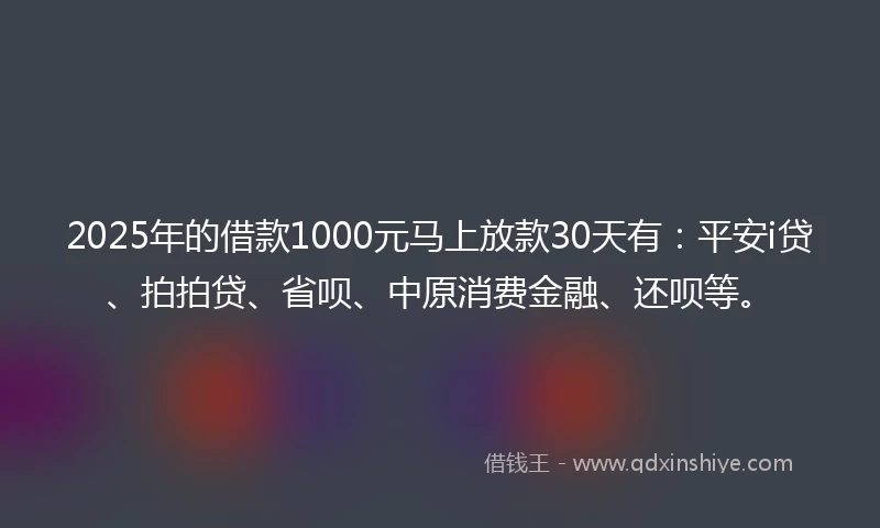 2025年的借款1000元马上放款30天有：平安i贷、拍拍贷、省呗、中原消费金融、还呗等。