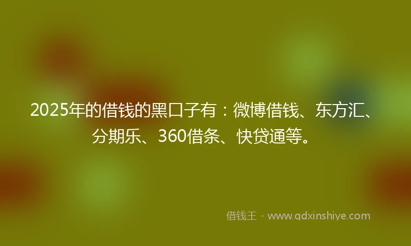 2025年的借钱的黑口子有：微博借钱、东方汇、分期乐、360借条、快贷通等。