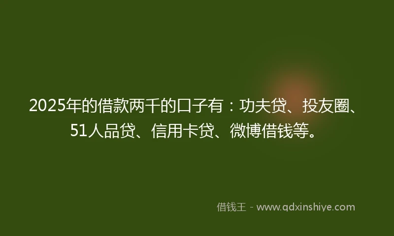 2025年的借款两千的口子有：功夫贷、投友圈、51人品贷、信用卡贷、微博借钱等。