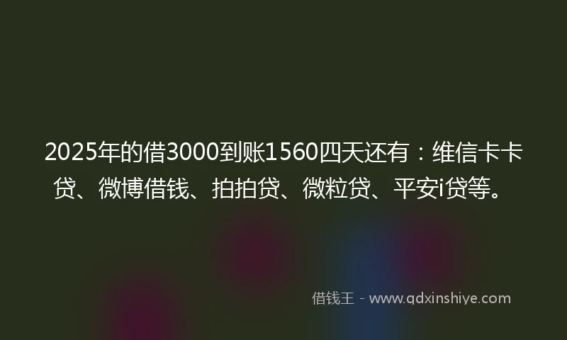 2025年的借3000到账1560四天还有：维信卡卡贷、微博借钱、拍拍贷、微粒贷、平安i贷等。