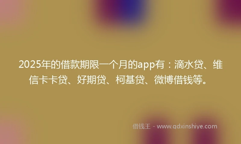 2025年的借款期限一个月的app有：滴水贷、维信卡卡贷、好期贷、柯基贷、微博借钱等。