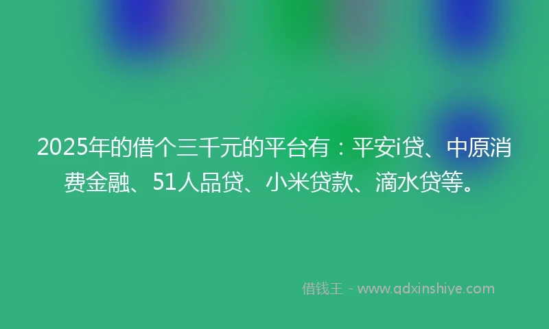2025年的借个三千元的平台有：平安i贷、中原消费金融、51人品贷、小米贷款、滴水贷等。