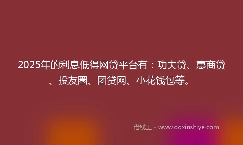 2025年的利息低得网贷平台有：功夫贷、惠商贷、投友圈、团贷网、小花钱包等。