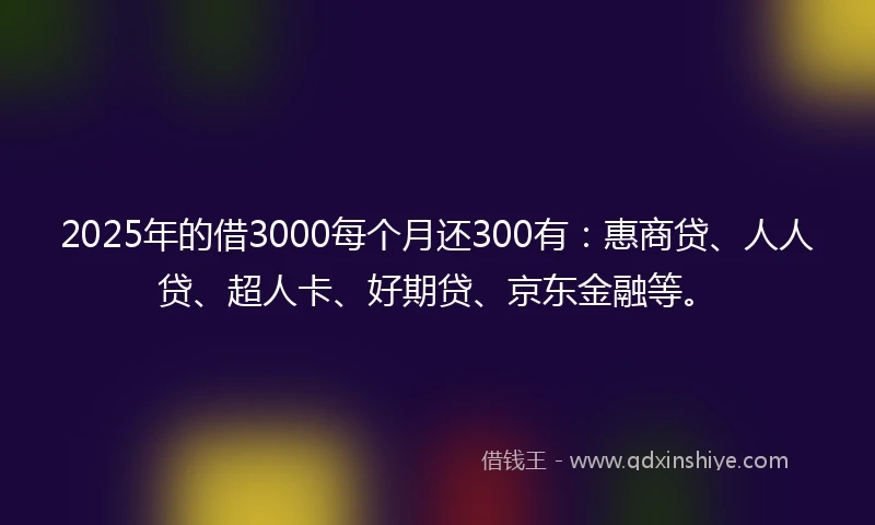 2025年的借3000每个月还300有：惠商贷、人人贷、超人卡、好期贷、京东金融等。