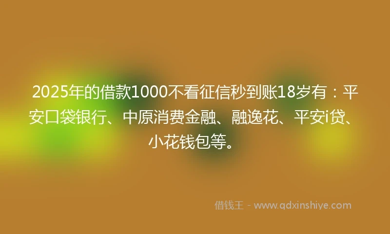 2025年的借款1000不看征信秒到账18岁有：平安口袋银行、中原消费金融、融逸花、平安i贷、小花钱包等。