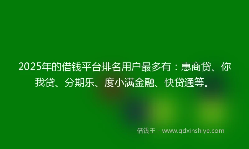 2025年的借钱平台排名用户最多有：惠商贷、你我贷、分期乐、度小满金融、快贷通等。
