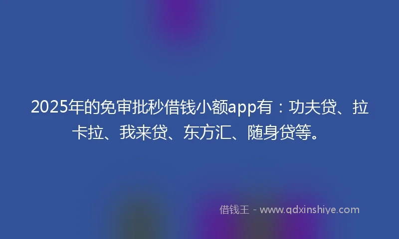 2025年的免审批秒借钱小额app有：功夫贷、拉卡拉、我来贷、东方汇、随身贷等。