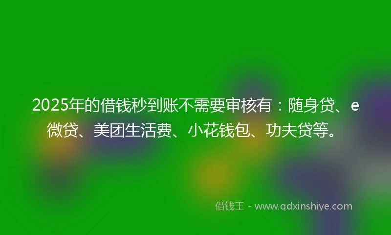 2025年的借钱秒到账不需要审核有：随身贷、e微贷、美团生活费、小花钱包、功夫贷等。