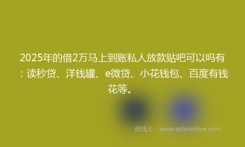 2025年的借2万马上到账私人放款贴吧可以吗有：读秒贷、洋钱罐、e微贷、小花钱包、百度有钱花等。