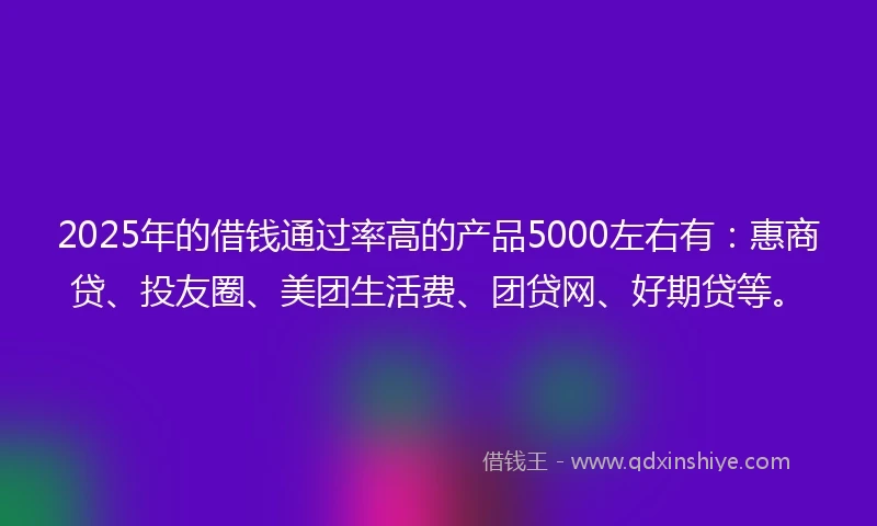 2025年的借钱通过率高的产品5000左右有：惠商贷、投友圈、美团生活费、团贷网、好期贷等。