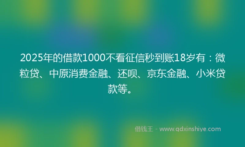 2025年的借款1000不看征信秒到账18岁有:微粒贷、中原消费金融、还呗、京东金融、小米贷款等。