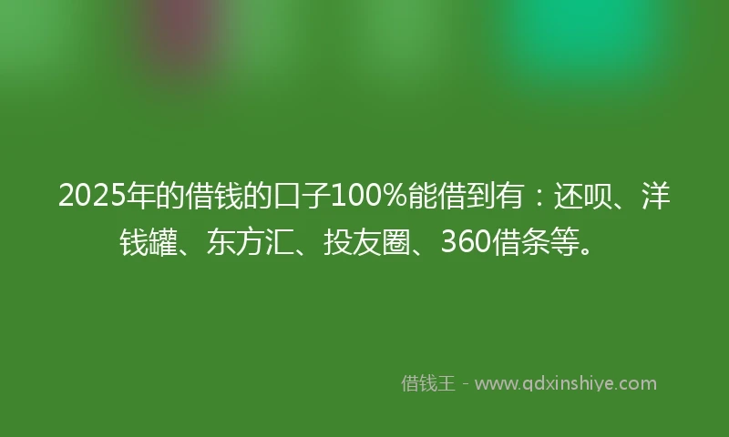 2025年的借钱的口子100%能借到有：还呗、洋钱罐、东方汇、投友圈、360借条等。