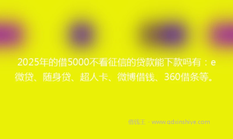 2025年的借5000不看征信的贷款能下款吗有：e微贷、随身贷、超人卡、微博借钱、360借条等。