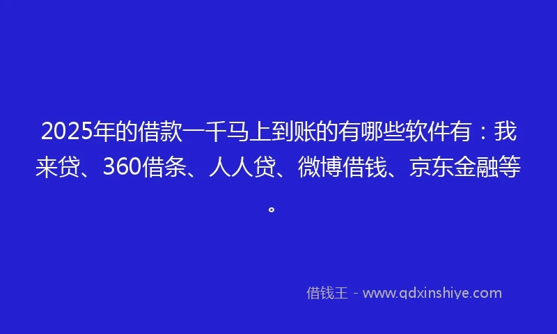 2025年的借款一千马上到账的有哪些软件有：我来贷、360借条、人人贷、微博借钱、京东金融等。
