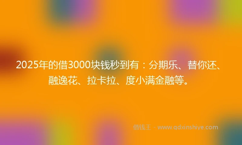 2025年的借3000块钱秒到有：分期乐、替你还、融逸花、拉卡拉、度小满金融等。
