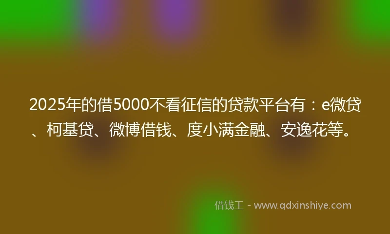 2025年的借5000不看征信的贷款平台有：e微贷、柯基贷、微博借钱、度小满金融、安逸花等。