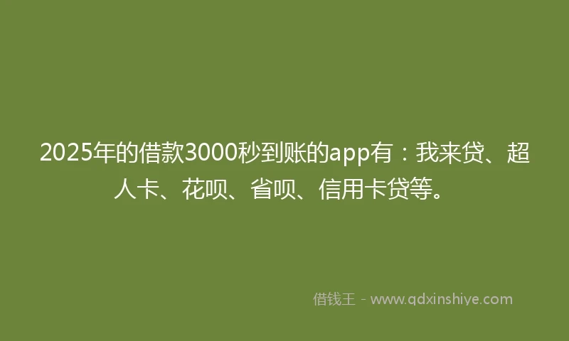 2025年的借款3000秒到账的app有：我来贷、超人卡、花呗、省呗、信用卡贷等。