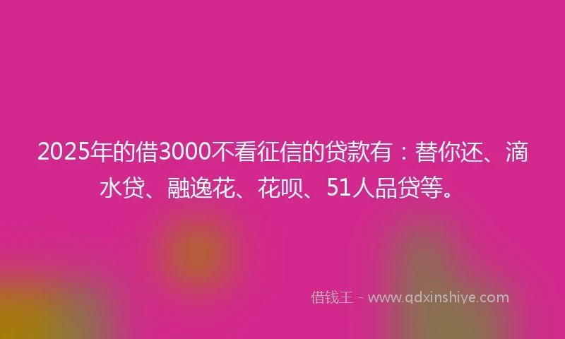 2025年的借3000不看征信的贷款有：替你还、滴水贷、融逸花、花呗、51人品贷等。