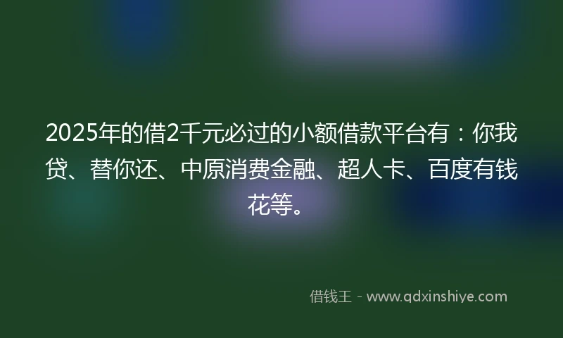 2025年的借2千元必过的小额借款平台有：你我贷、替你还、中原消费金融、超人卡、百度有钱花等。