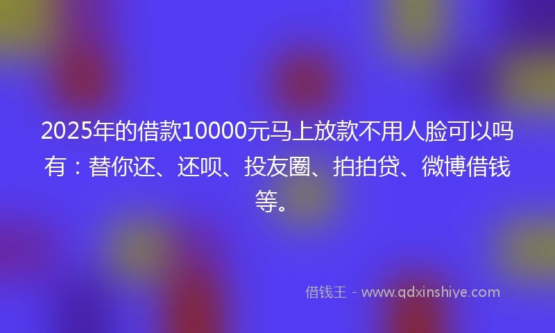 2025年的借款10000元马上放款不用人脸可以吗有：替你还、还呗、投友圈、拍拍贷、微博借钱等。