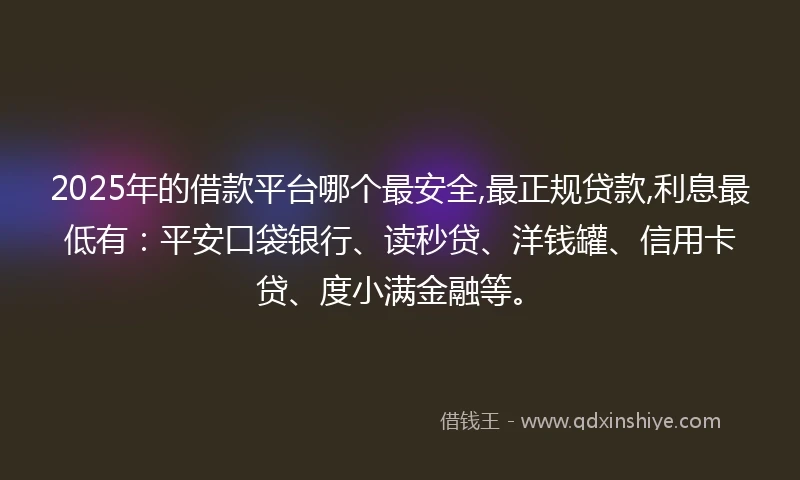 2025年的借款平台哪个最安全,最正规贷款,利息最低有：平安口袋银行、读秒贷、洋钱罐、信用卡贷、度小满金融等。