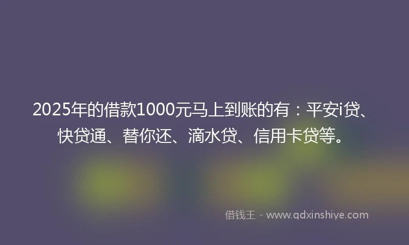 2025年的借款1000元马上到账的有：平安i贷、快贷通、替你还、滴水贷、信用卡贷等。