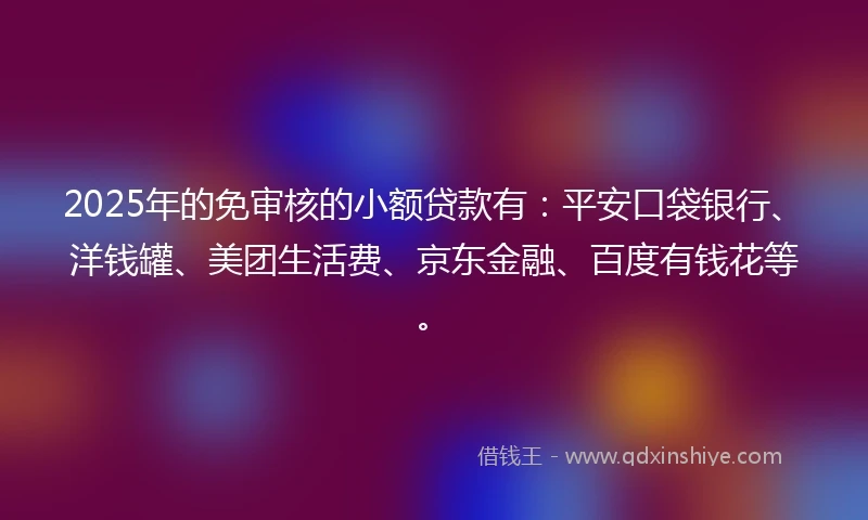 2025年的免审核的小额贷款有：平安口袋银行、洋钱罐、美团生活费、京东金融、百度有钱花等。