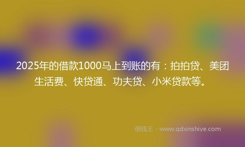 2025年的借款1000马上到账的有：拍拍贷、美团生活费、快贷通、功夫贷、小米贷款等。