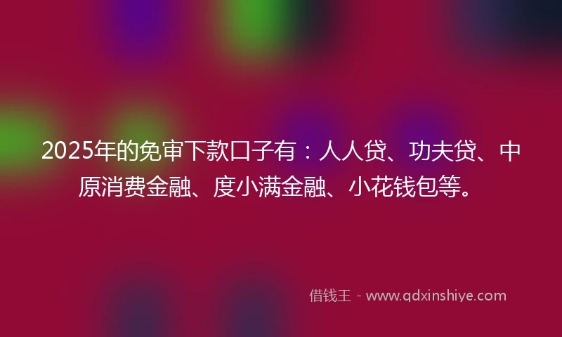 2025年的免审下款口子有：人人贷、功夫贷、中原消费金融、度小满金融、小花钱包等。