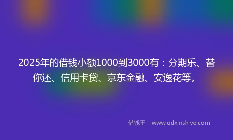 2025年的借钱小额1000到3000有：分期乐、替你还、信用卡贷、京东金融、安逸花等。