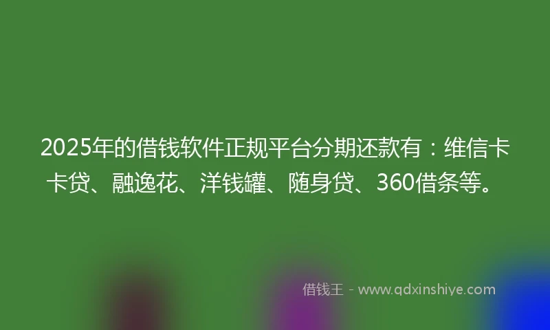 2025年的借钱软件正规平台分期还款有：维信卡卡贷、融逸花、洋钱罐、随身贷、360借条等。