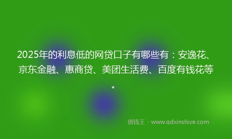 2025年的利息低的网贷口子有哪些有：安逸花、京东金融、惠商贷、美团生活费、百度有钱花等。