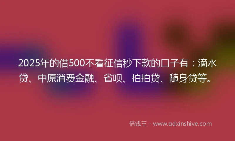 2025年的借500不看征信秒下款的口子有：滴水贷、中原消费金融、省呗、拍拍贷、随身贷等。