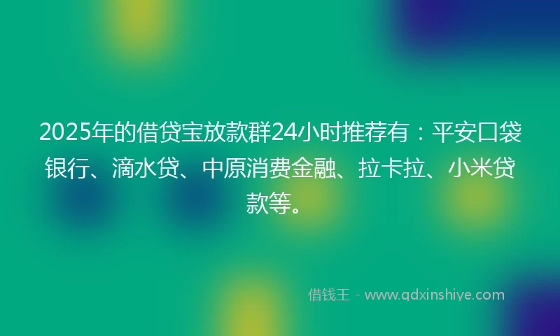 2025年的借贷宝放款群24小时推荐有：平安口袋银行、滴水贷、中原消费金融、拉卡拉、小米贷款等。