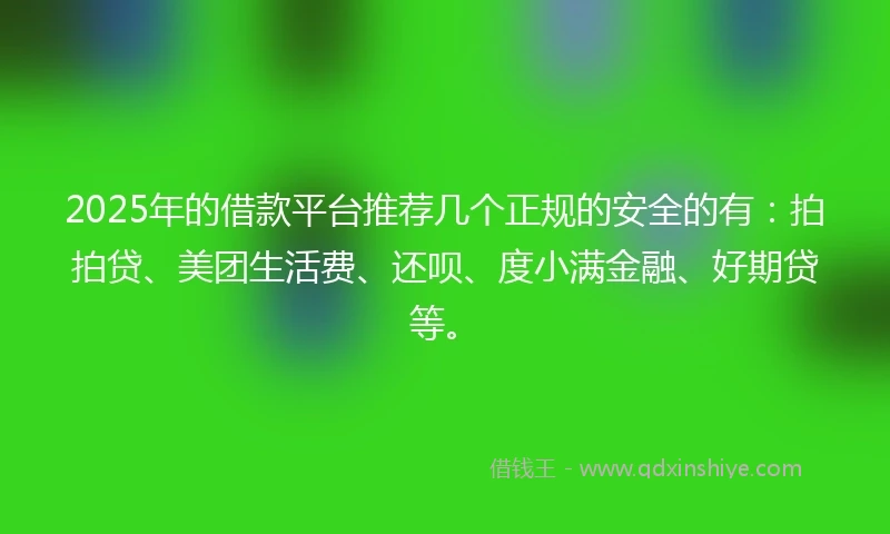 2025年的借款平台推荐几个正规的安全的有：拍拍贷、美团生活费、还呗、度小满金融、好期贷等。