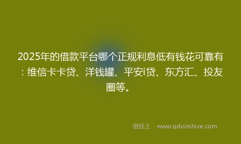 2025年的借款平台哪个正规利息低有钱花可靠有：维信卡卡贷、洋钱罐、平安i贷、东方汇、投友圈等。