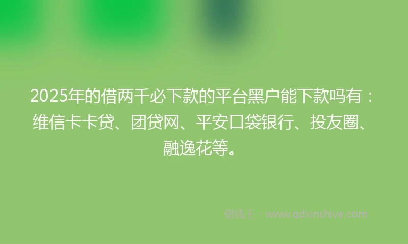 2025年的借两千必下款的平台黑户能下款吗有：维信卡卡贷、团贷网、平安口袋银行、投友圈、融逸花等。