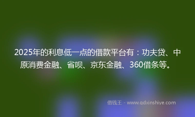 2025年的利息低一点的借款平台有：功夫贷、中原消费金融、省呗、京东金融、360借条等。