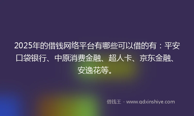 2025年的借钱网络平台有哪些可以借的有：平安口袋银行、中原消费金融、超人卡、京东金融、安逸花等。