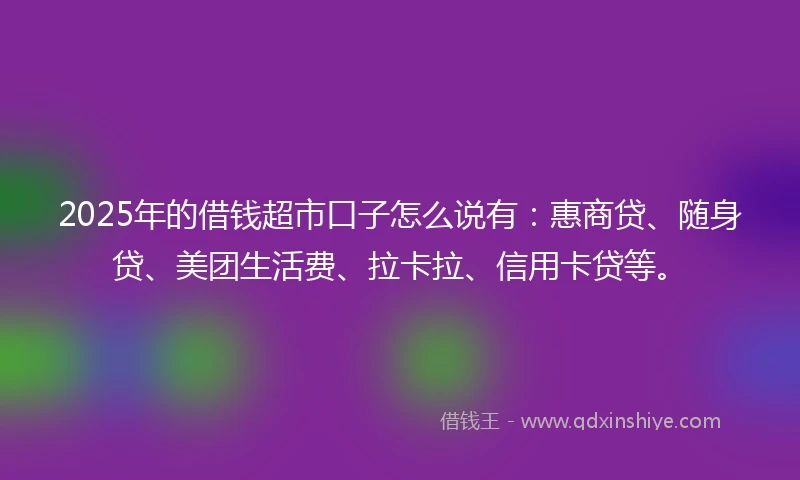 2025年的借钱超市口子怎么说有：惠商贷、随身贷、美团生活费、拉卡拉、信用卡贷等。